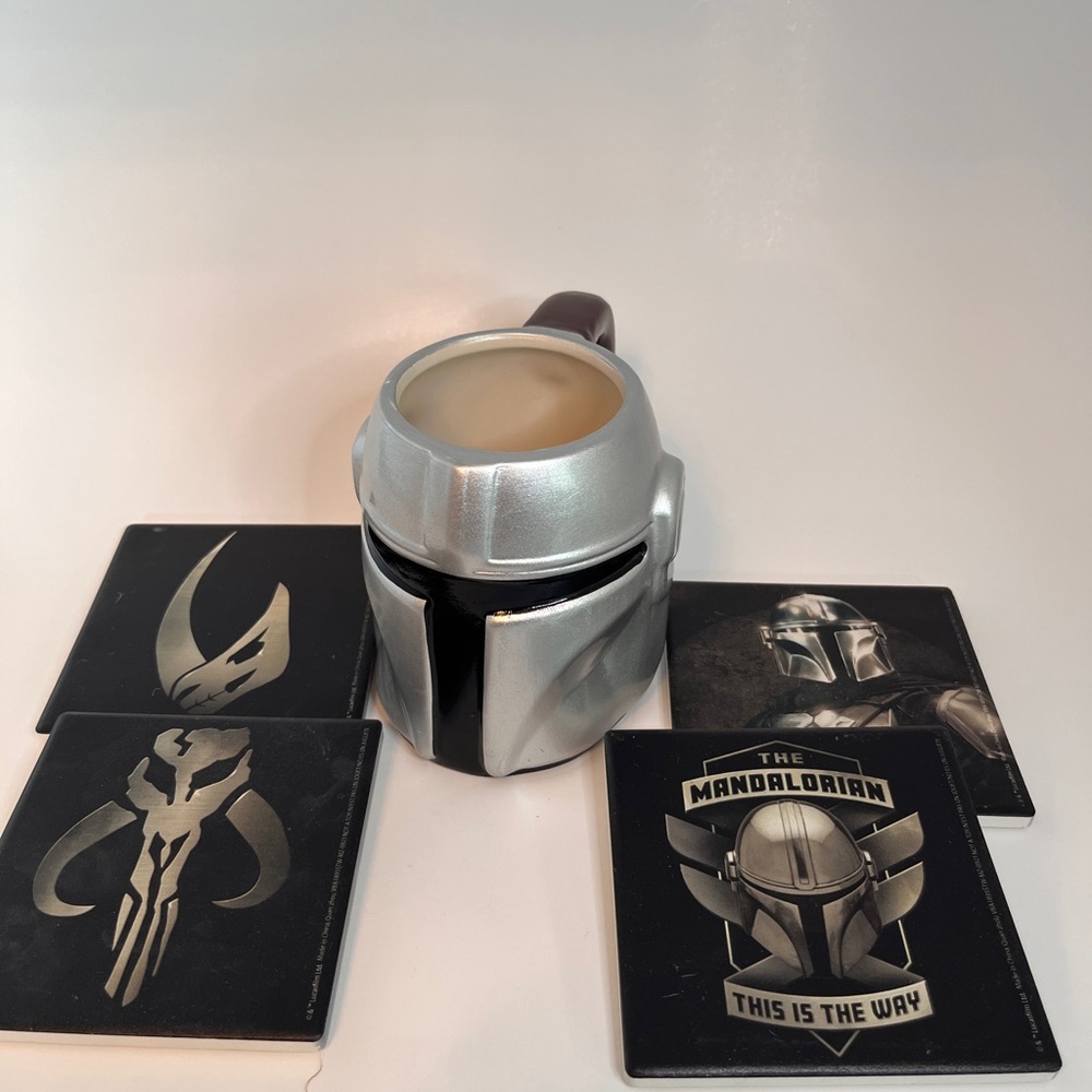 Mandelorian 4 piece coaster set with helmet coffee cup!